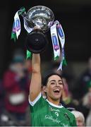 17 December 2022; Sarsfields captain Niamh McGrath lifts the Bill and Agnes Carroll Cup after the AIB All-Ireland Senior Camogie Club Championship Final match between Sarsfields of Galway and Loughgiel Shamrocks of Antrim at Croke Park in Dublin. Photo by Piaras Ó Mídheach/Sportsfile