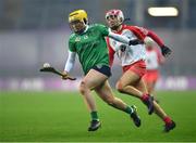 17 December 2022; Shannon Corcoran of Sarsfields in action against Clare McKillop of Loughgiel Shamrocks during the AIB All-Ireland Senior Camogie Club Championship Final match between Sarsfields of Galway and Loughgiel Shamrocks of Antrim at Croke Park in Dublin. Photo by Stephen Marken/Sportsfile