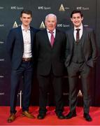 17 December 2022; In attendance during the RTÉ Sports Awards 2022 at RTÉ studios in Donnybrook, Dublin, are men's lightweight double skulls rowers Fintan McCarthy, left and Paul O'Donovan, right, with coach Dominic Casey. Photo by Seb Daly/Sportsfile