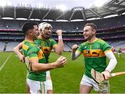18 December 2022; Dunloy Cuchullains players from left, Nigel Elliott, Sean Elliott and Ryan McGarry celebrate at the final whistle after their side's victory in the AIB GAA Hurling All-Ireland Senior Club Championship Semi-Final match between Dunloy Cuchullains of Antrim and St Thomas of Galway at Croke Park in Dublin. Photo by Sam Barnes/Sportsfile