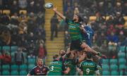 18 December 2022; Lewis Ludlam of Northampton Saints takes possession in a lineout ahead of Peter O’Mahony of Munster during the Heineken Champions Cup Pool B Round 2 match between Northampton Saints and Munster at Franklin's Gardens in Northampton, England. Photo by Seb Daly/Sportsfile