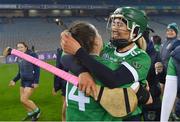 17 December 2022; Sarsfields players Tara Kenny and Siobhán McGrath, 14, celebrate after their side's victory in the AIB All-Ireland Senior Camogie Club Championship Final match between Sarsfields of Galway and Loughgiel Shamrocks of Antrim at Croke Park in Dublin. Photo by Piaras Ó Mídheach/Sportsfile