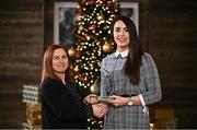 20 December 2022; Deirdre Doherty from Mayo club Charlestown, right, is presented with The Croke Park/LGFA Player of the Month award for November by Edele O’Reilly, Director of Sales and Marketing, The Croke Park, at The Croke Park on Jones Road in Dublin. Deirdre scored 1-7, including a late winning free, in Charlestown’s Connacht Intermediate Club Final victory, before contributing all ten points for Charlestown in their currentaccount.ie All-Ireland semi-final defeat to eventual winners, Longford Slashers. Photo by Sam Barnes/Sportsfile