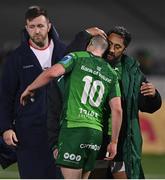 23 December 2022; Jack Carty of Connacht, 10, is consoled by teammate Bundee Aki after kicking a conversion attempt wide, in the last play of the match, during the United Rugby Championship match between Connacht and Ulster at The Sportsground in Galway. Photo by Piaras Ó Mídheach/Sportsfile