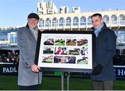 26 December 2022; Recently retired jockey Davy Russell, right, is presented with a montage by Leopardstown Racecourse chief executive Tim Husbands during day one of the Leopardstown Christmas Festival at Leopardstown Racecourse in Dublin. Photo by Seb Daly/Sportsfile