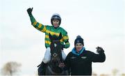 26 December 2022; Jockey Mark Walsh celebrates after riding Saint Roi to victory in the Racing Post Novice Steeplechase on day one of the Leopardstown Christmas Festival at Leopardstown Racecourse in Dublin. Photo by Seb Daly/Sportsfile