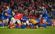 26 December 2022; Referee Chris Busby after accidentally colliding with Max Deegan of Leinster, behind, during the United Rugby Championship match between Munster and Leinster at Thomond Park in Limerick. Photo by Piaras Ó Mídheach/Sportsfile
