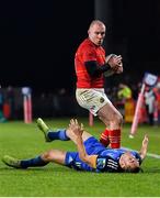26 December 2022; Keith Earls of Munster looks on after fending off the tackle of Jordan Larmour of Leinster during the United Rugby Championship match between Munster and Leinster at Thomond Park in Limerick. Photo by Piaras Ó Mídheach/Sportsfile
