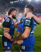 26 December 2022; Andrew Porter of Leinster, left, with teammates after the United Rugby Championship match between Munster and Leinster at Thomond Park in Limerick. Photo by Eóin Noonan/Sportsfile