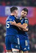 26 December 2022; Joe McCarthy, left, with Leinster teammate Ross Byrne after the United Rugby Championship match between Munster and Leinster at Thomond Park in Limerick. Photo by Eóin Noonan/Sportsfile