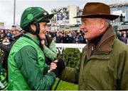 27 December 2022; Jockey Daryl Jacob and trainer Willie Mullins celebrate after winning the Paddy's Rewards Club Steeplechase with Blue Lord on day two of the Leopardstown Christmas Festival at Leopardstown Racecourse in Dublin. Photo by Seb Daly/Sportsfile