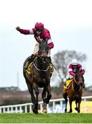 28 December 2022; Jockey Jack Kennedy celebrates as he crosses the line on Conflated to win the Savills Steeplechase on day three of the Leopardstown Christmas Festival at Leopardstown Racecourse in Dublin. Photo by Seb Daly/Sportsfile
