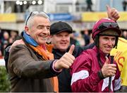 28 December 2022; Owner Michael O'Leary, left, trainer Gordon Elliott, behind, and jockey Jack Kennedy celebrate after winning the Savills Steeplechase with Conflated on day three of the Leopardstown Christmas Festival at Leopardstown Racecourse in Dublin. Photo by Seb Daly/Sportsfile