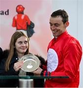 28 December 2022; Winning Jockey JJ Slevin and Georgia de Bromhead, daughter of trainer Henry de Bromhead, after the Jack de Bromhead Christmas Hurdle on day three of the Leopardstown Christmas Festival at Leopardstown Racecourse in Dublin. Photo by Seb Daly/Sportsfile