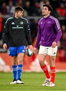 26 December 2022; Joey Carbery of Munster, right, and Ross Byrne of Leinster during the warm-up before the United Rugby Championship match between Munster and Leinster at Thomond Park in Limerick. Photo by Piaras Ó Mídheach/Sportsfile