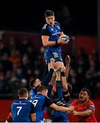 26 December 2022; Joe McCarthy of Leinster wins possession in the lineout during the United Rugby Championship match between Munster and Leinster at Thomond Park in Limerick. Photo by Piaras Ó Mídheach/Sportsfile