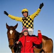 29 December 2022; Jockey Paul Townend and groom Rachel Robins celebrate after winning the Matheson Hurdle with State Man on day four of the Leopardstown Christmas Festival at Leopardstown Racecourse in Dublin. Photo by Seb Daly/Sportsfile
