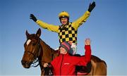 29 December 2022; Jockey Paul Townend and groom Rachel Robins celebrate after winning the Matheson Hurdle with State Man on day four of the Leopardstown Christmas Festival at Leopardstown Racecourse in Dublin. Photo by Seb Daly/Sportsfile