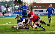 30 December 2022; Claire Gorman of Leinster goes over to score a try during the Women's Interprovincial Friendly match between Leinster and Ulster at Energia Park in Dublin. Photo by David Fitzgerald/Sportsfile