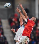 1 January 2023; Duane Vermeulen of Ulster and Kiran McDonald of Munster compete for possession in the lineout during the United Rugby Championship between Ulster and Munster at Kingspan Stadium in Belfast. Photo by Ramsey Cardy/Sportsfile