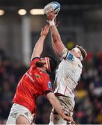 1 January 2023; Jean Kleyn of Munster and Kieran Treadwell of Ulster compete for possession in the lineout during the United Rugby Championship between Ulster and Munster at Kingspan Stadium in Belfast. Photo by Ramsey Cardy/Sportsfile