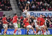 1 January 2023; Robert Baloucoune of Ulster beats Mike Haley of Munster to the ball during the United Rugby Championship between Ulster and Munster at Kingspan Stadium in Belfast. Photo by Ramsey Cardy/Sportsfile