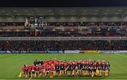 1 January 2023; The Munster team stands for a moments silence for former Ulster, Ireland, and British & Irish Lions player Ronnie Lamont, before the United Rugby Championship between Ulster and Munster at Kingspan Stadium in Belfast. Photo by Ramsey Cardy/Sportsfile