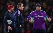 1 January 2023; Munster coaches, from left, forwards coach Andi Kyriacou, attack coach Mike Prendergast, and defence coach Denis Leamy before the United Rugby Championship between Ulster and Munster at Kingspan Stadium in Belfast. Photo by Ramsey Cardy/Sportsfile