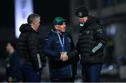 1 January 2023; Leinster head coach Leo Cullen shakes hands with Connacht director of rugby Andy Friend with Leinster head of rugby operations Guy Easterby before the United Rugby Championship between Leinster and Connacht at RDS Arena in Dublin. Photo by Harry Murphy/Sportsfile