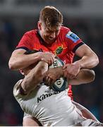1 January 2023; Jacob Stockdale of Ulster is tackled by Ben Healy of Munster during the United Rugby Championship between Ulster and Munster at Kingspan Stadium in Belfast. Photo by Ramsey Cardy/Sportsfile