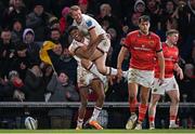 1 January 2023; Robert Baloucoune of Ulster, left, celebrates with teammate Stewart Moore after scoring their side's first try during the United Rugby Championship between Ulster and Munster at Kingspan Stadium in Belfast. Photo by Ramsey Cardy/Sportsfile