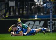 1 January 2023; Liam Turner of Leinster scores his side's first try despite the tackle of Diarmuid Kilgallen of Connacht during the United Rugby Championship between Leinster and Connacht at RDS Arena in Dublin. Photo by Harry Murphy/Sportsfile