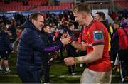 1 January 2023; Munster attack coach Mike Prendergast celebrates with Mike Haley of Munster after the United Rugby Championship between Ulster and Munster at Kingspan Stadium in Belfast. Photo by Ramsey Cardy/Sportsfile