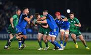 1 January 2023; David Hawkshaw of Connacht is tackled by Leinster players, from left, Rónan Kelleher, Jonathan Sexton and Josh van der Flier during the United Rugby Championship between Leinster and Connacht at RDS Arena in Dublin. Photo by Ben McShane/Sportsfile