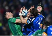1 January 2023; Diarmuid Kilgallen of Connacht contests a high ball against Rob Russell, centre, and Ryan Baird of Leinster during the United Rugby Championship between Leinster and Connacht at RDS Arena in Dublin. Photo by Ben McShane/Sportsfile