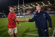 1 January 2023; Munster head coach Graham Rowntree congratulates Antoine Frisch of Munster after the United Rugby Championship between Ulster and Munster at Kingspan Stadium in Belfast. Photo by Ramsey Cardy/Sportsfile