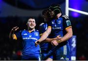 1 January 2023; Ryan Baird of Leinster celebrates with teammates Jimmy O'Brien, centre, and John McKee, left, after scoring their side's sixth try during the United Rugby Championship between Leinster and Connacht at RDS Arena in Dublin. Photo by Ben McShane/Sportsfile