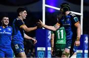 1 January 2023; Ryan Baird of Leinster celebrates with teammate Jimmy O'Brien, left, after scoring their side's sixth try during the United Rugby Championship between Leinster and Connacht at RDS Arena in Dublin. Photo by Ben McShane/Sportsfile