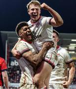 1 January 2023; Robert Baloucoune, left, and teammate Stewart Moore of Ulster celebrate during the United Rugby Championship between Ulster and Munster at Kingspan Stadium in Belfast. Photo by John Dickson/Sportsfile