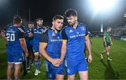 1 January 2023; Jordan Larmour and Harry Byrne of Leinster after their side's victory in the United Rugby Championship between Leinster and Connacht at RDS Arena in Dublin. Photo by Harry Murphy/Sportsfile