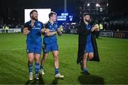 1 January 2023; Leinster players, from left, Andrew Porter, Josh van der Flier and Michael Milne after their side's victory in the United Rugby Championship between Leinster and Connacht at RDS Arena in Dublin. Photo by Harry Murphy/Sportsfile