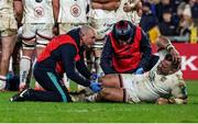 1 January 2023; An injured Marty Moore of Ulster is treated by physiotherapist Peter Scullion and Dr Michael Webb during the United Rugby Championship between Ulster and Munster at Kingspan Stadium in Belfast. Photo by John Dickson/Sportsfile
