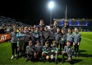 1 January 2023; The Bank of Ireland Half-time Minis team from Greystones RFC with Leinster players, from left, Joe McCarthy, Jack Conan and Ross Byrne at Leinster and Connacht in the United Rugby Championship at RDS Arena in Dublin. Photo by Harry Murphy/Sportsfile