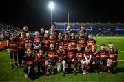 1 January 2023; The Bank of Ireland Half-time Minis team from Lansdowne RFC with Leinster players, from left, Joe McCarthy, Jack Conan and Ross Byrne at Leinster and Connacht in the United Rugby Championship at RDS Arena in Dublin. Photo by Harry Murphy/Sportsfile