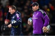 1 January 2023; Munster defence coach Denis Leamy, right, and Munster attack coach Mike Prendergast before the United Rugby Championship between Ulster and Munster at Kingspan Stadium in Belfast. Photo by Ramsey Cardy/Sportsfile