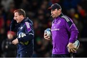 1 January 2023; Munster defence coach Denis Leamy, right, and Munster attack coach Mike Prendergast before the United Rugby Championship between Ulster and Munster at Kingspan Stadium in Belfast. Photo by Ramsey Cardy/Sportsfile