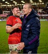 1 January 2023; Munster head coach Graham Rowntree and Scott Buckley of Munster after the United Rugby Championship between Ulster and Munster at Kingspan Stadium in Belfast. Photo by Ramsey Cardy/Sportsfile
