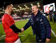 1 January 2023; Munster head coach Graham Rowntree, right, and Conor Murray of Munster after the United Rugby Championship between Ulster and Munster at Kingspan Stadium in Belfast. Photo by Ramsey Cardy/Sportsfile