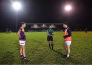 4 January 2023; Referee James Foley with team captains Eoghan Nolan of Wexford and Kevin Flynn of Kildare before the coin toss before the O'Byrne Cup Group A Round 1 match between Wexford and Kildare at St Patrick's Park in Enniscorthy, Wexford. Photo by Piaras Ó Mídheach/Sportsfile