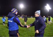 4 January 2023; Dublin manager Dessie Farrell, right, and Wicklow manager Oisín McConville shake hands after the O'Byrne Cup Group C Round 1 match between Wicklow and Dublin at Baltinglass GAA club in Baltinglass, Wicklow. Photo by Sam Barnes/Sportsfile